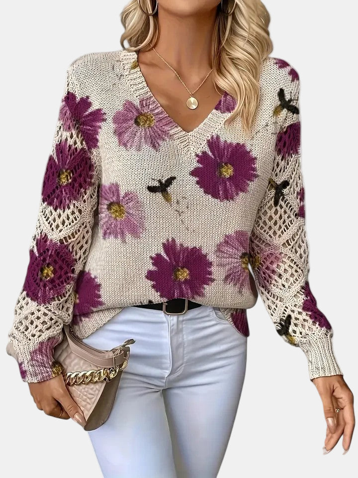 Amelie | Elegancki sweter w kwiatowy wzór z dekoltem w serek