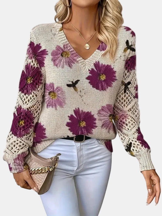 Amelie | Elegancki sweter w kwiatowy wzór z dekoltem w serek