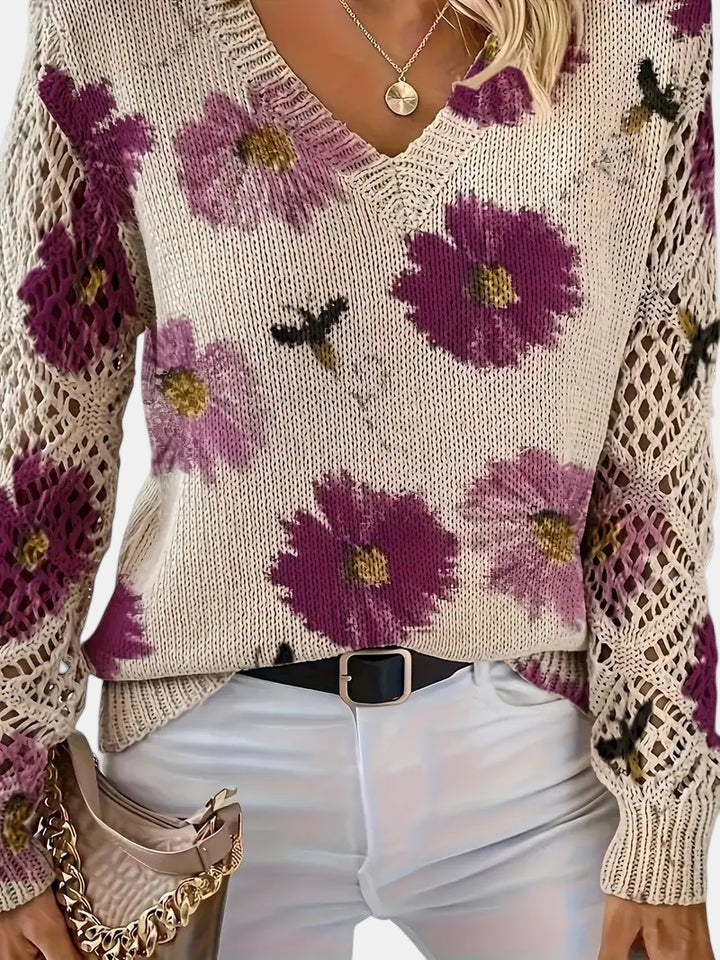 Amelie | Elegancki sweter w kwiatowy wzór z dekoltem w serek