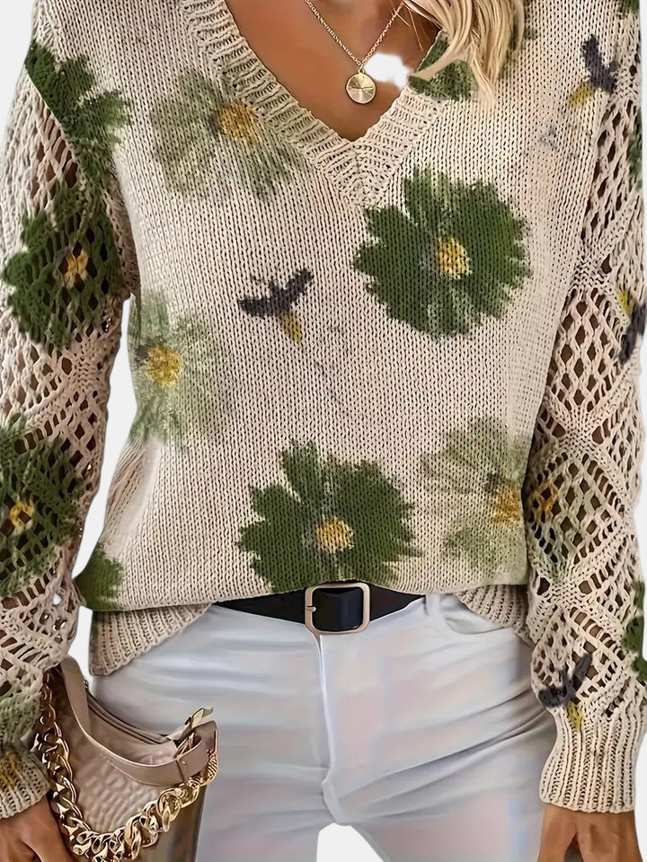 Amelie | Elegancki sweter w kwiatowy wzór z dekoltem w serek