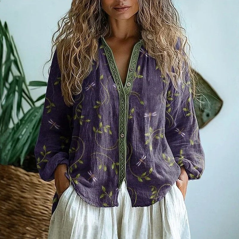Brianna | Elegancka koszula w stylu vintage z nadrukiem liści