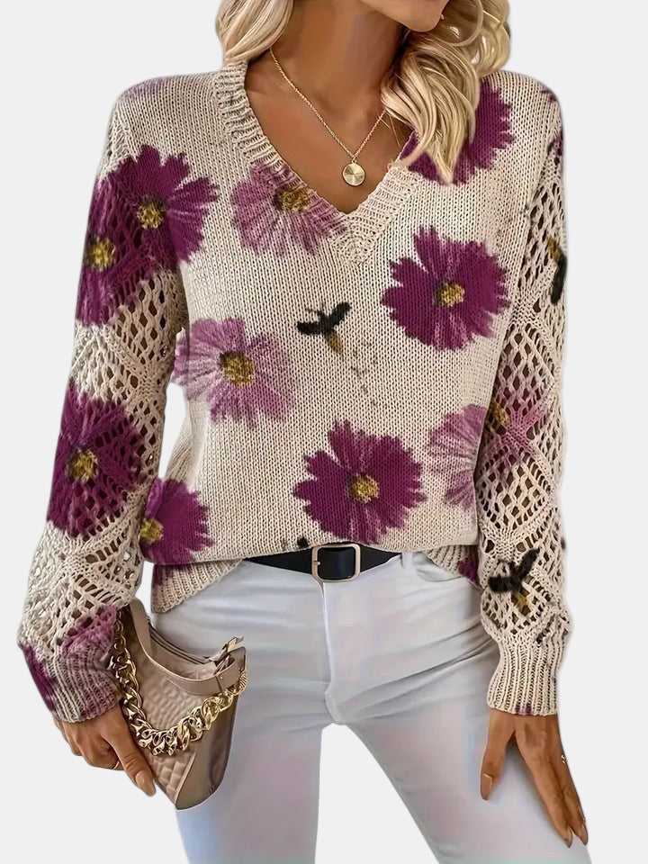 Amelie | Elegancki sweter w kwiatowy wzór z dekoltem w serek