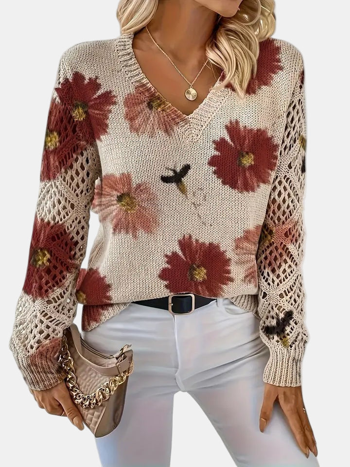 Amelie | Elegancki sweter w kwiatowy wzór z dekoltem w serek