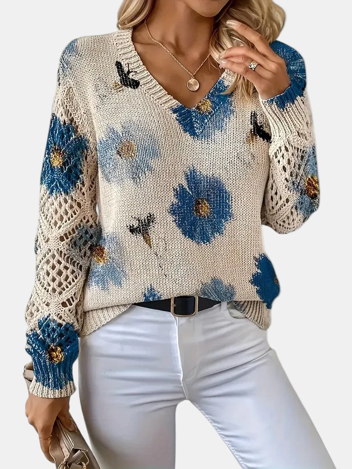 Amelie | Elegancki sweter w kwiatowy wzór z dekoltem w serek