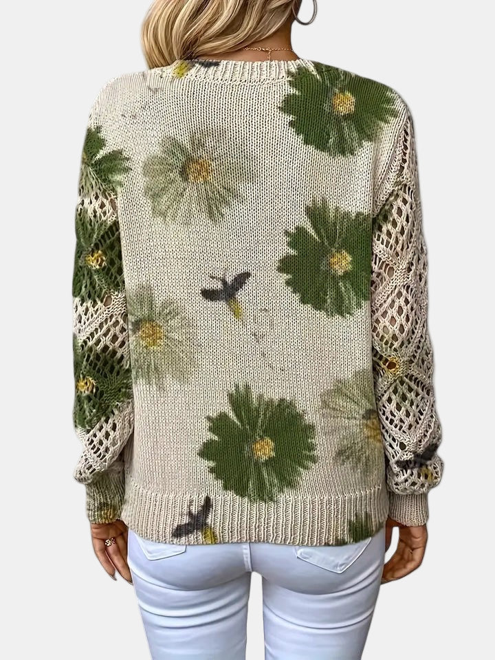 Amelie | Elegancki sweter w kwiatowy wzór z dekoltem w serek
