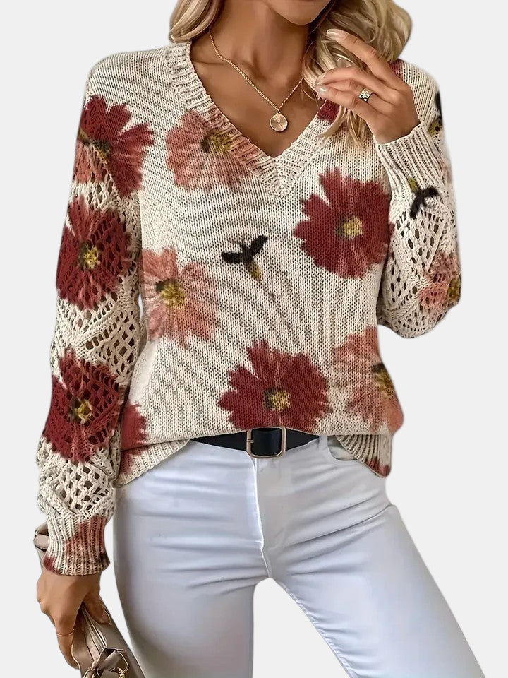Amelie | Elegancki sweter w kwiatowy wzór z dekoltem w serek