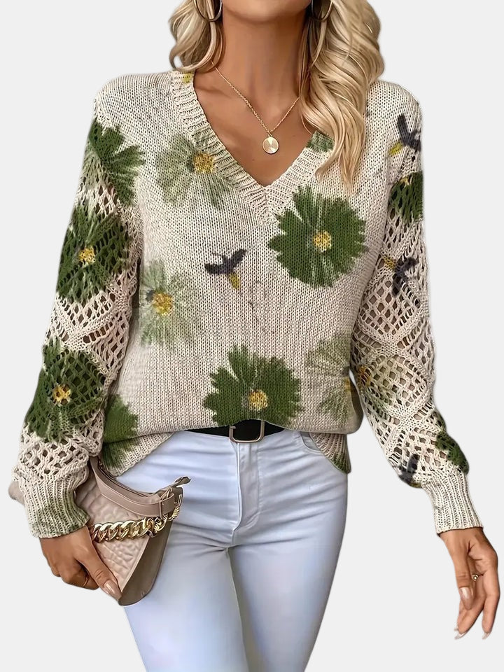 Amelie | Elegancki sweter w kwiatowy wzór z dekoltem w serek