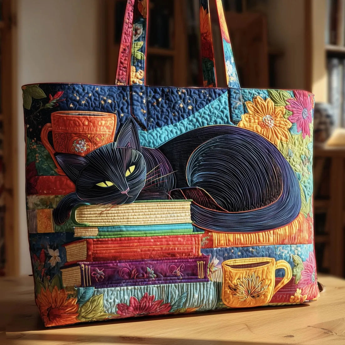 Ręcznie Wykonana Torba – Czarny Kot z Książkami i Kubkami