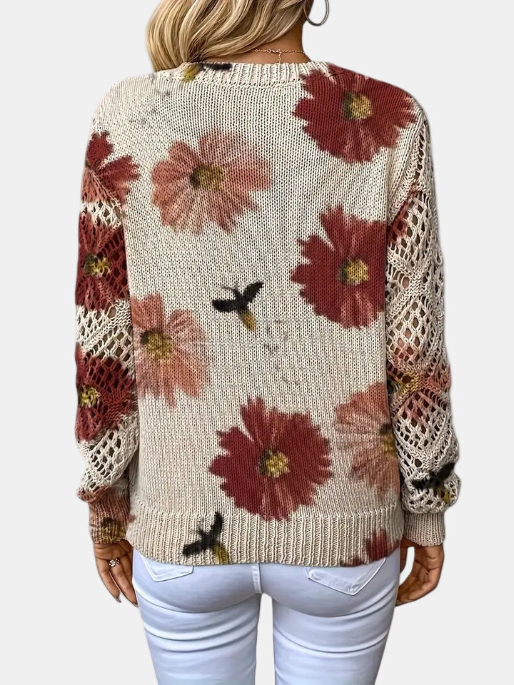 Amelie | Elegancki sweter w kwiatowy wzór z dekoltem w serek