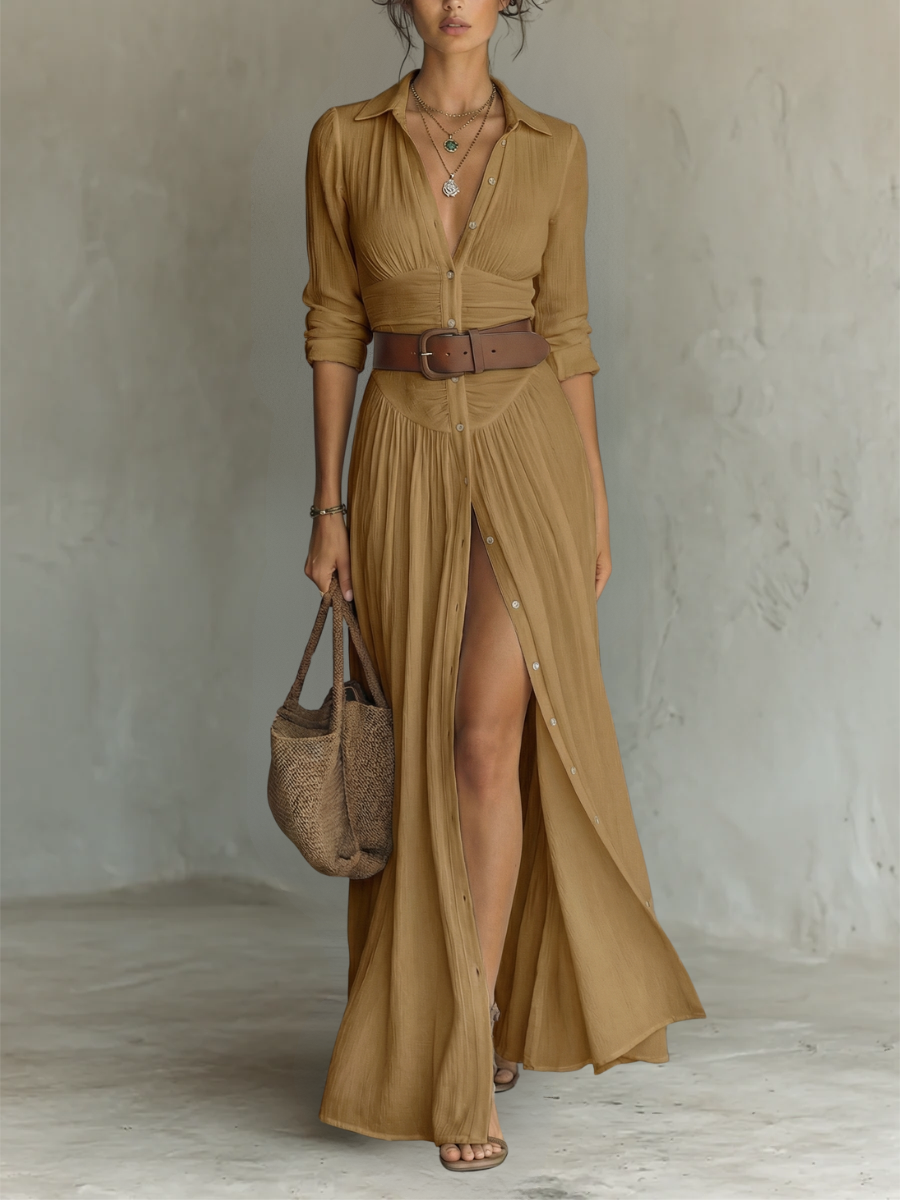 Amelia | Elegancka sukienka maxi z kołnierzem klapowym