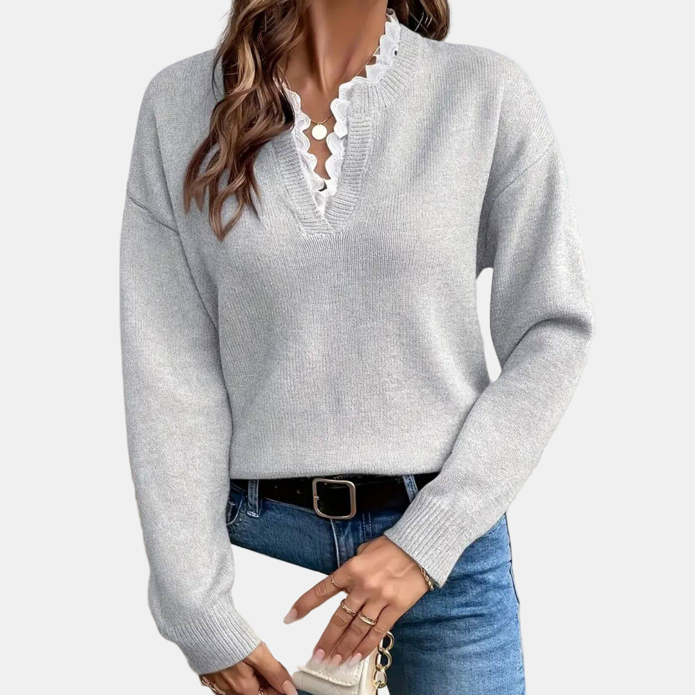 Rhea | Elegancki sweter z koronkowym kołnierzem