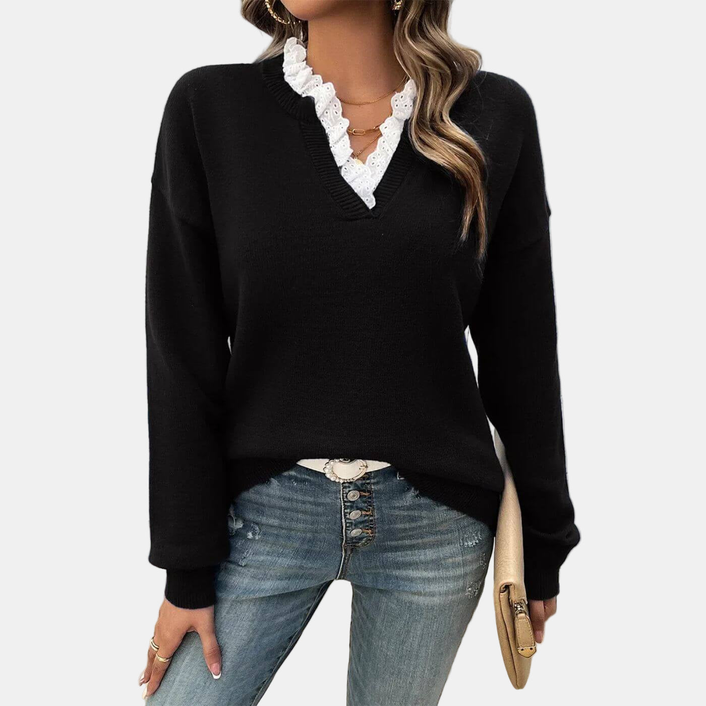 Rhea | Elegancki sweter z koronkowym kołnierzem