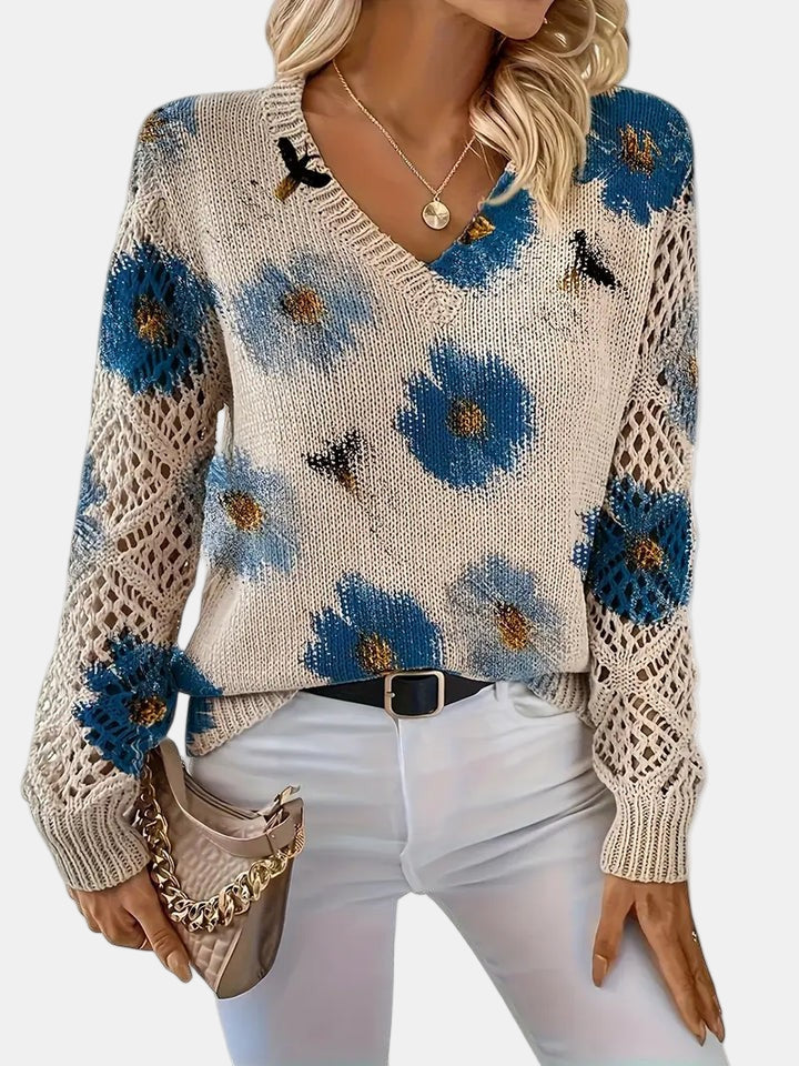 Amelie | Elegancki sweter w kwiatowy wzór z dekoltem w serek