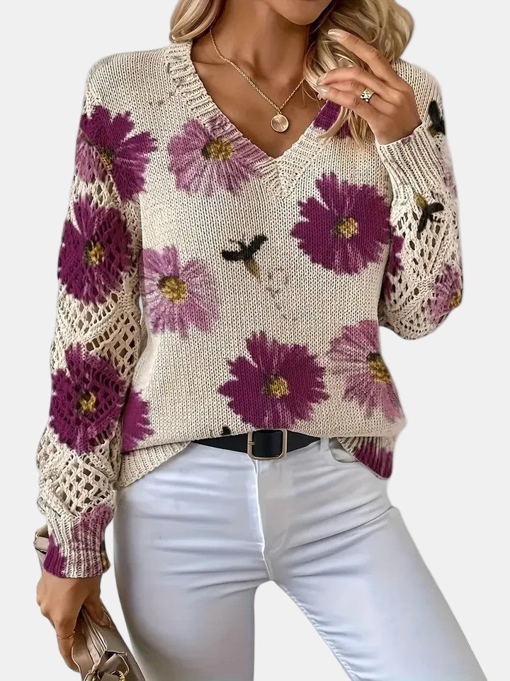 Amelie | Elegancki sweter w kwiatowy wzór z dekoltem w serek