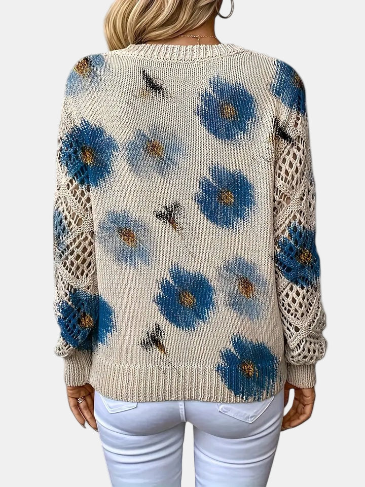 Amelie | Elegancki sweter w kwiatowy wzór z dekoltem w serek