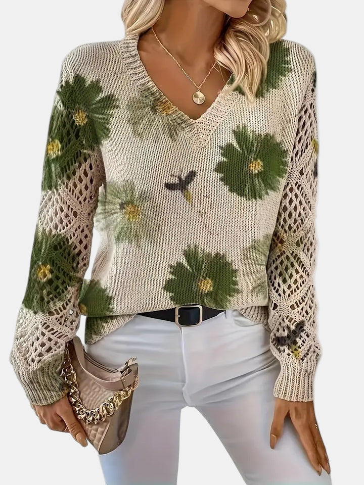 Amelie | Elegancki sweter w kwiatowy wzór z dekoltem w serek