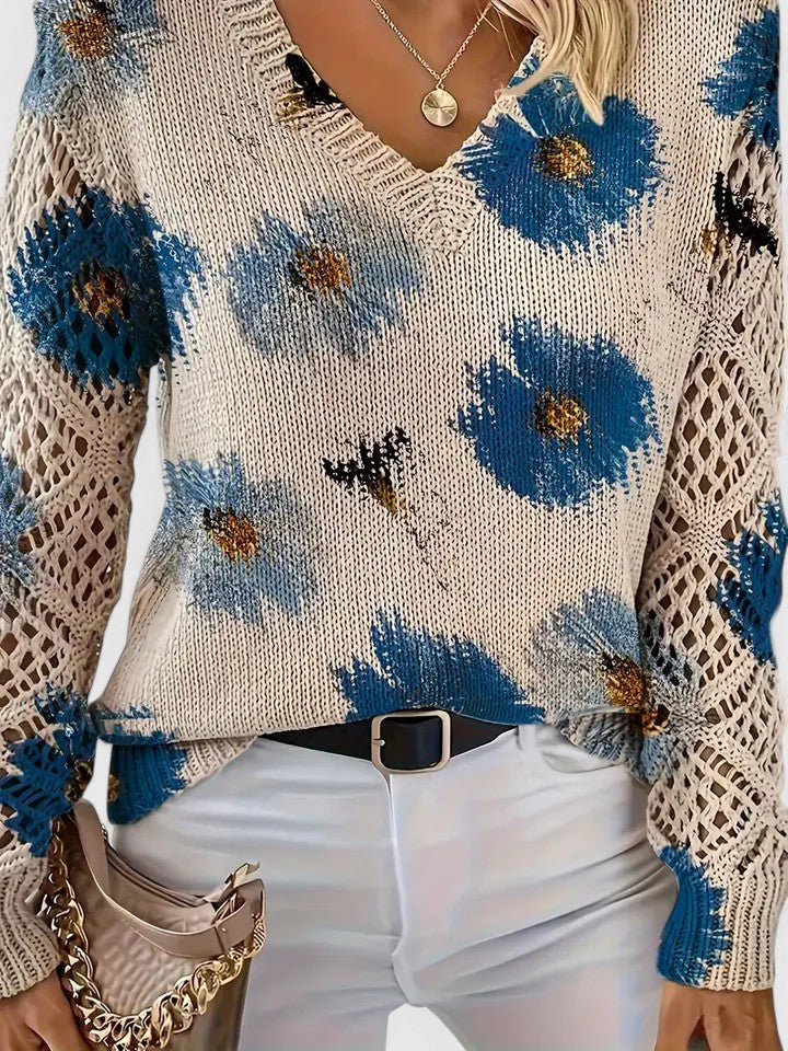 Amelie | Elegancki sweter w kwiatowy wzór z dekoltem w serek