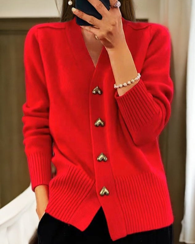 Adele | Elegancki Sweter Rozpinany z Guzikami w Kształcie Serca